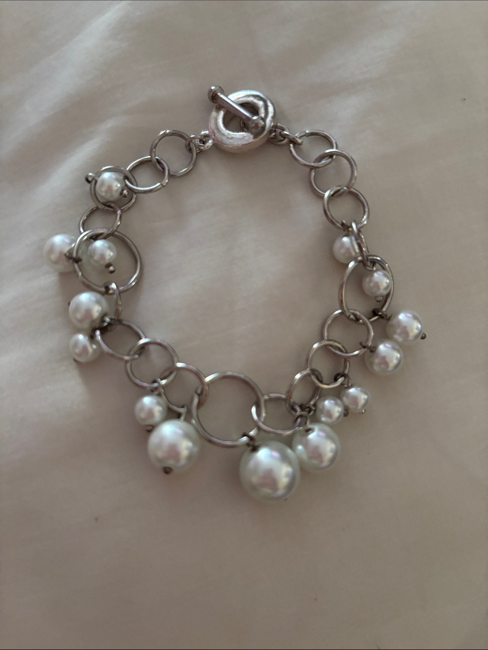 Vintage Silver Pearl Charm Bracelet - Classic White Pearl Link Bracelet